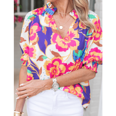 Deanna Floral Split Neck Frilled Bubble Sleeve Blouse - S to 3X