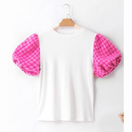 Jodi White Contrast Tweed Puff Sleeve Top