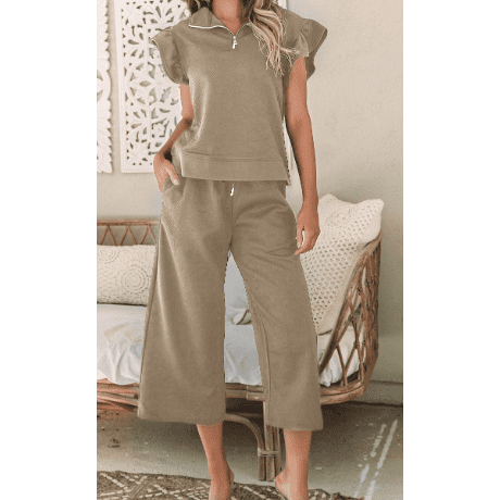 Noemi Pale Khaki Textured Flutter Sleeve Top Wide Leg Pants Set