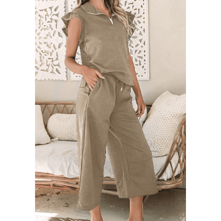 Noemi Pale Khaki Textured Flutter Sleeve Top Wide Leg Pants Set