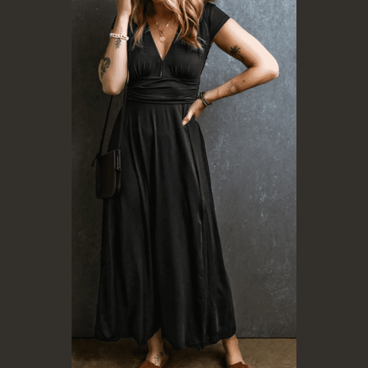 Bernadette Black Short Sleeve Shirred High Waist V Neck Maxi Dress