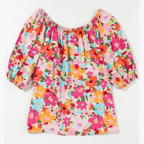 Jenny Floral Print Puff Sleeve Pleated Elastic Neckline Blouse