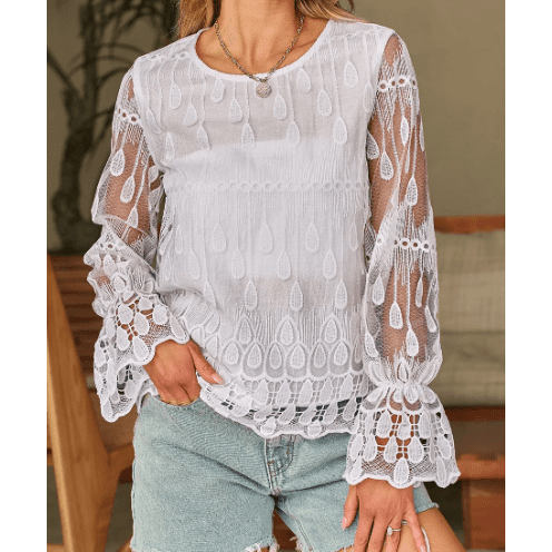 Cadence Embroidered Mesh Flounce Sleeve Blouse