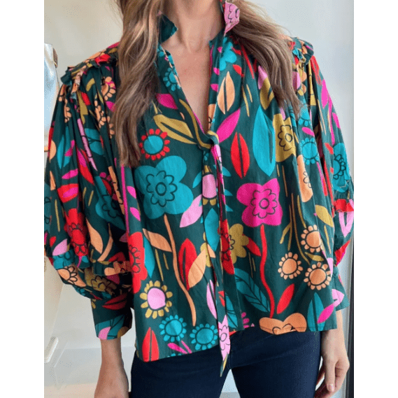 Evelyn Green Floral Knot Split Neck Puff Sleeve Blouse