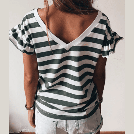 Berta Sea Green Striped V Neck Ruffle Sleeve Reversible Top