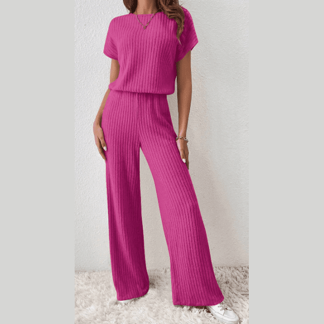 Grayson Pink Ribbed Short Sleeve Wide Leg Jumpsuit