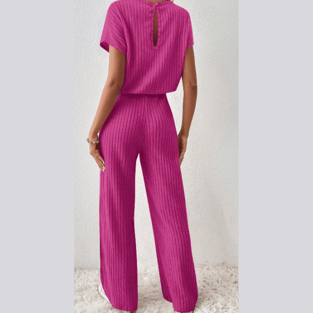 Grayson Pink Ribbed Short Sleeve Wide Leg Jumpsuit