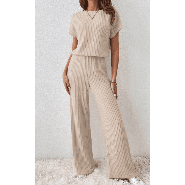 Grayson Parchment Ribbed Short Sleeve Wide Leg Jumpsuit