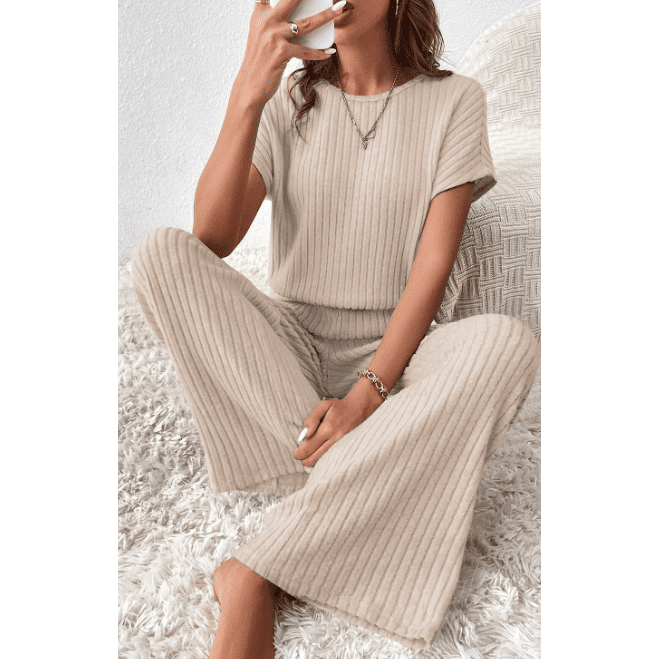 Grayson Parchment Ribbed Short Sleeve Wide Leg Jumpsuit