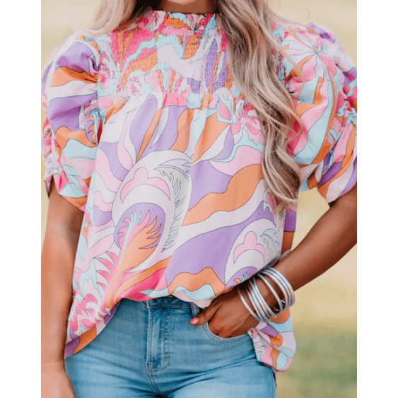 Mitzy Pink Abstract Print Bubble Sleeve Smock Detail Blouse