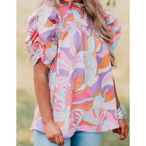 Mitzy Pink Abstract Print Bubble Sleeve Smock Detail Blouse