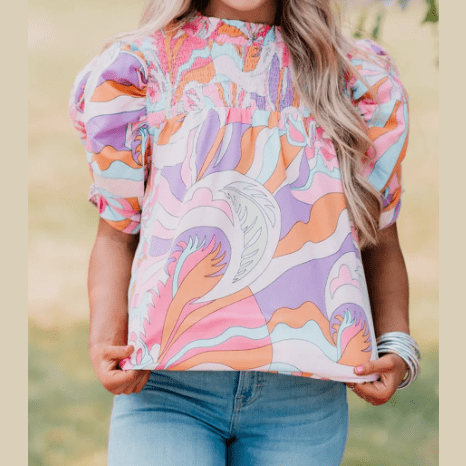 Mitzy Pink Abstract Print Bubble Sleeve Smock Detail Blouse