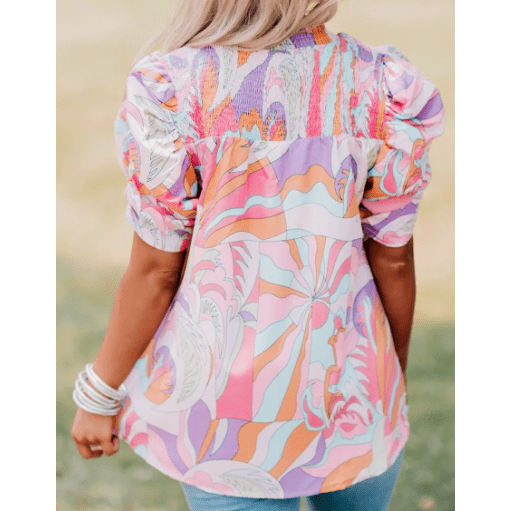 Mitzy Pink Abstract Print Bubble Sleeve Smock Detail Blouse