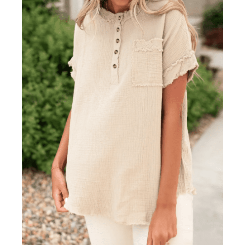 Lolisa Parchment Crinkle Textured Frayed Trim Half Button Short Sleeve Top