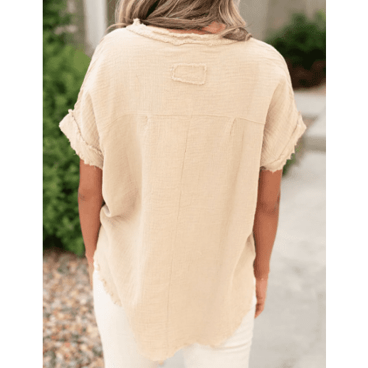 Lolisa Parchment Crinkle Textured Frayed Trim Half Button Short Sleeve Top