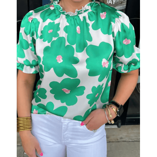 Myra Green Floral Puff Sleeve Frill Neckline Blouse