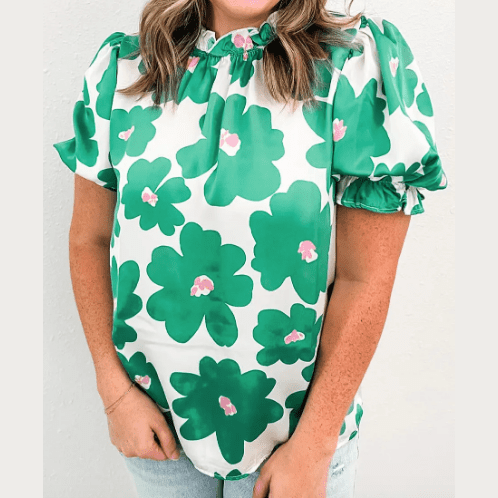 Myra Green Floral Puff Sleeve Frill Neckline Blouse