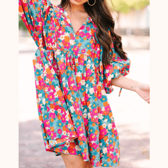 Jayde Floral Print Tie Split Neck Bubble Sleeve Babydoll Dress