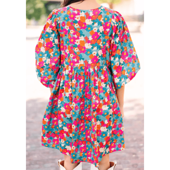 Jayde Floral Print Tie Split Neck Bubble Sleeve Babydoll Dress