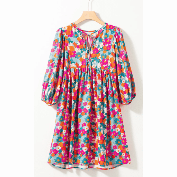 Jayde Floral Print Tie Split Neck Bubble Sleeve Babydoll Dress