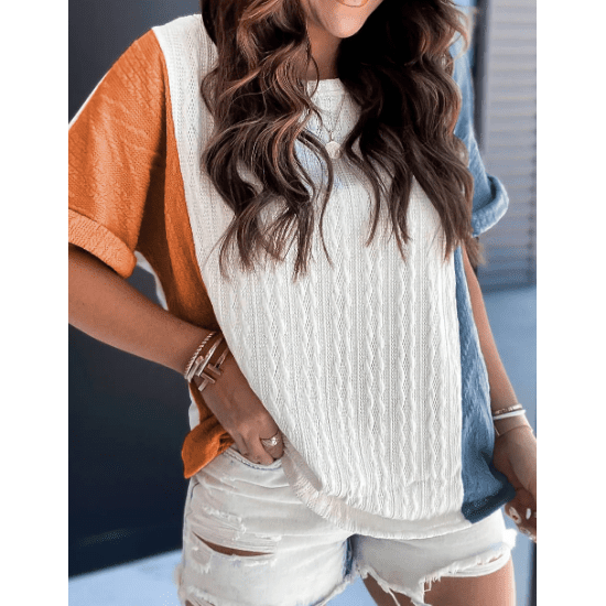 Millie Light Blue Textured Color Block Loose Fit T Shirt