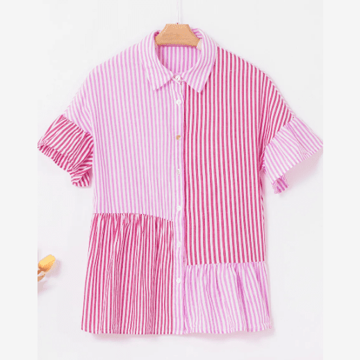 Martina Pink Stripe Striped Patchwork Ruffled Hem Button up Shirt