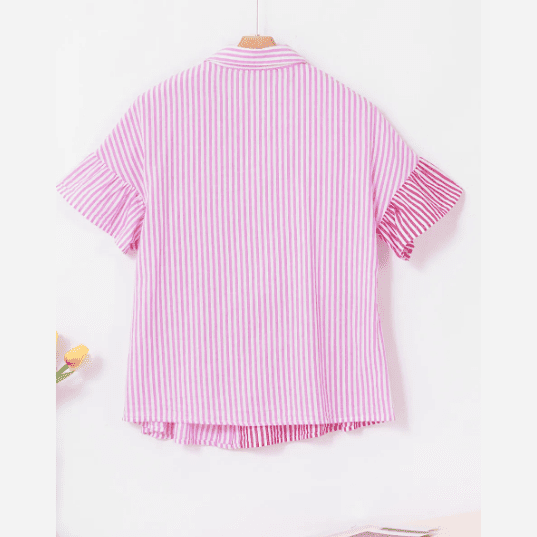 Martina Pink Stripe Striped Patchwork Ruffled Hem Button up Shirt