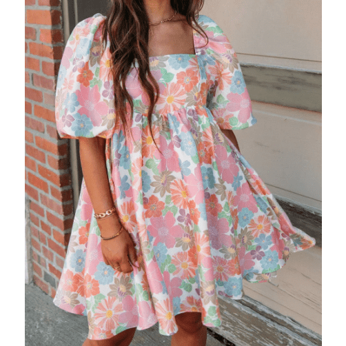 Lue Light Pink Floral Square Neck Puff Sleeve Babydoll Dress