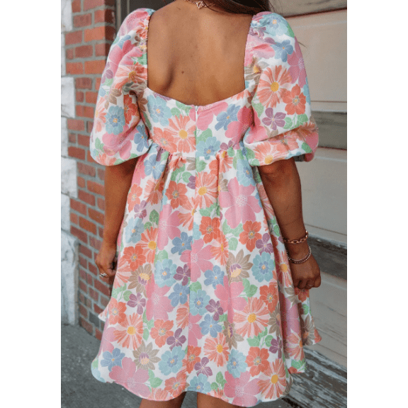 Lue Light Pink Floral Square Neck Puff Sleeve Babydoll Dress