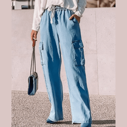 Clarisse Sky Blue Drawstring High Waist Cargo Pocket Wide Leg Jeans