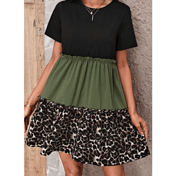 Kina Jungle Green Leopard Print Colorblock Frill Trim T-shirt Dress