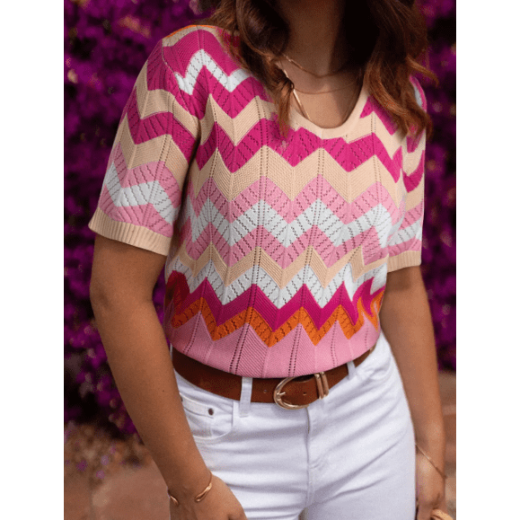 Chanda Pink Stripe Chevron Pointelle Knit V Neck Short Sleeve Sweater