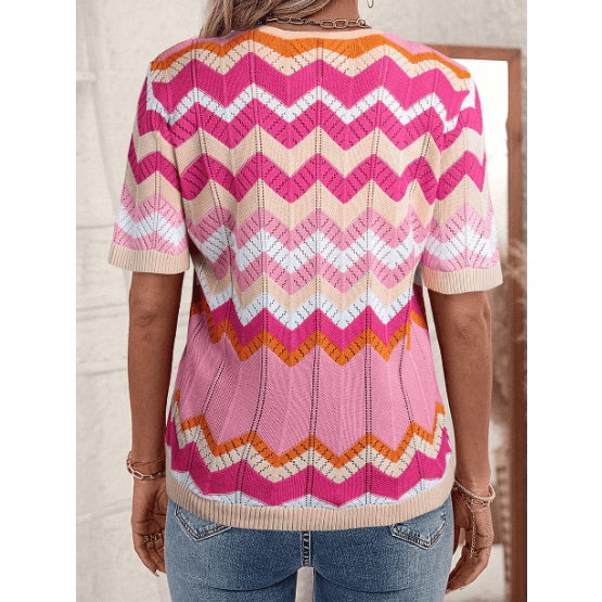 Chanda Pink Stripe Chevron Pointelle Knit V Neck Short Sleeve Sweater