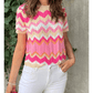 Chanda Pink Stripe Chevron Pointelle Knit V Neck Short Sleeve Sweater