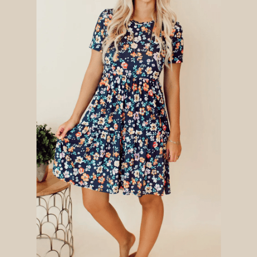 Allie Blue Short Sleeve A-line Floral Dress
