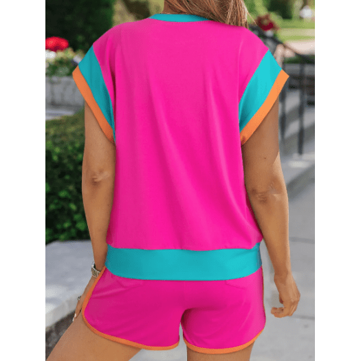 Betsy Hot Pink Contrast Trim Cap Sleeve Tee Shorts Set - S to 3X