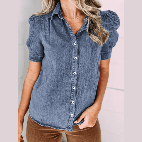 Heather Blue Bubble Sleeve Button up Denim Shirt