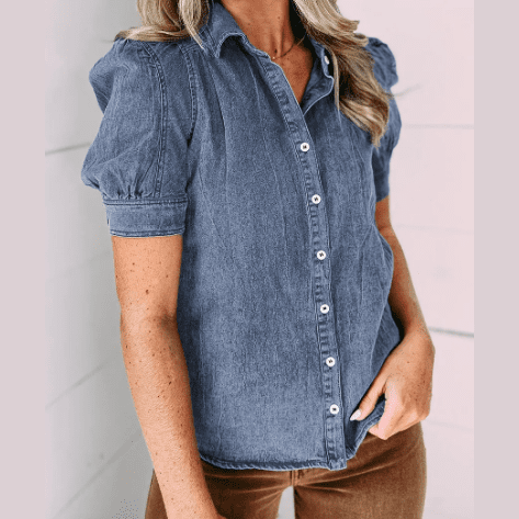 Heather Blue Bubble Sleeve Button up Denim Shirt