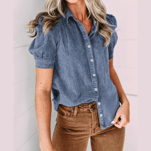 Heather Blue Bubble Sleeve Button up Denim Shirt