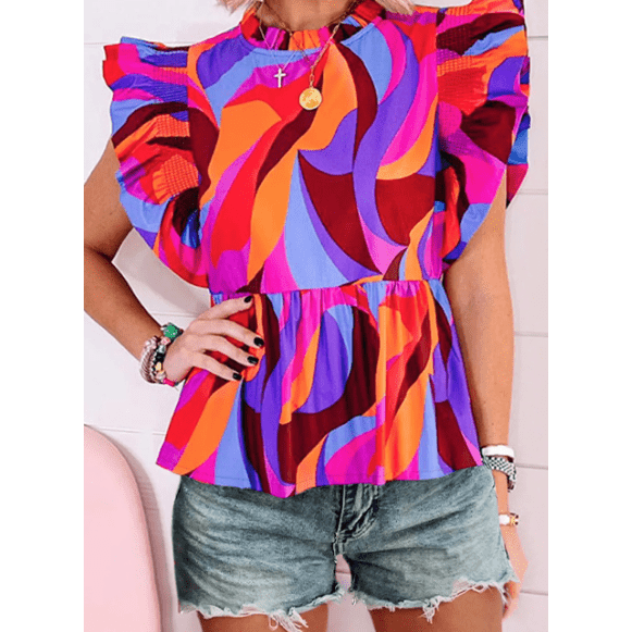 Austyn Orange Abstract Print Flutter Sleeve Peplum Blouse