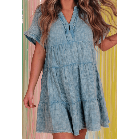 Lisette Beau Blue Mineral Wash Crinkle Split Neck Raw Hem Tiered Dress