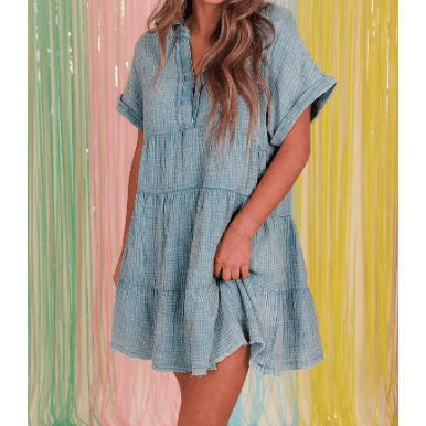 Lisette Beau Blue Mineral Wash Crinkle Split Neck Raw Hem Tiered Dress