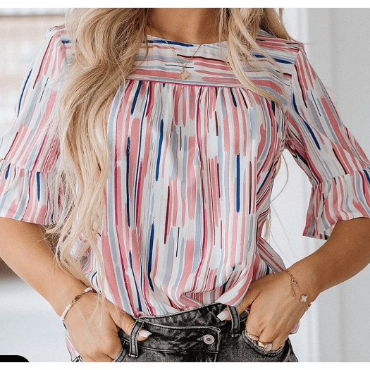 Elisha White Multicolor Striped Splash Half Sleeve Blouse - S to 3X