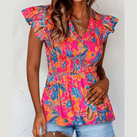 Caz Floral Print Smocked Ruffle Trim Flutter Sleeve Blouse