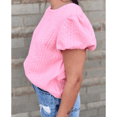 Rashell Pink Textured Puff Sleeve T Shirt