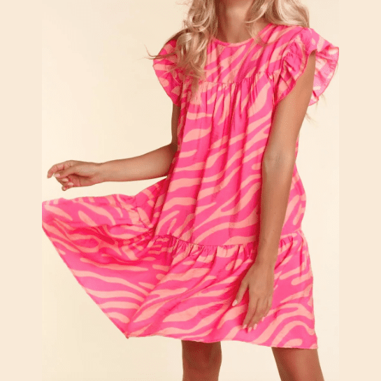 Karina Pink Zebra Stripe Printed Ruffle Trim Pocketed Dress