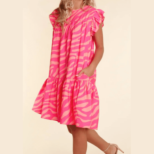 Karina Pink Zebra Stripe Printed Ruffle Trim Pocketed Dress