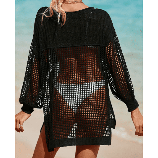 Samia Black Fishnet Hollow-out Long Sleeve Beach Cover up