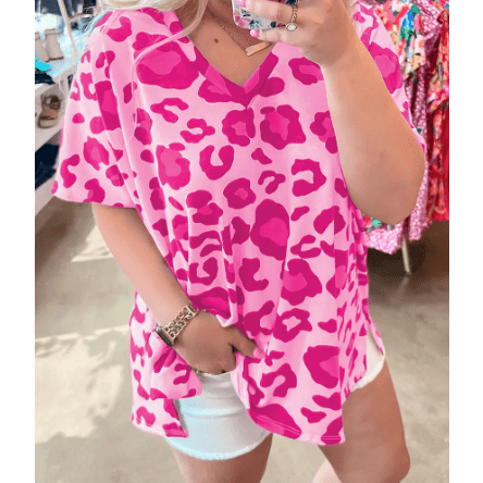 Leondra Hot Pink Leopard Print V Neck PLUS SIZE Tee