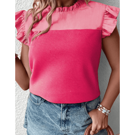 Kati Strawberry Pink Textured 2-Tone Patchwork Frill Neck Ruffled Trim PLUS SIZE Blouse